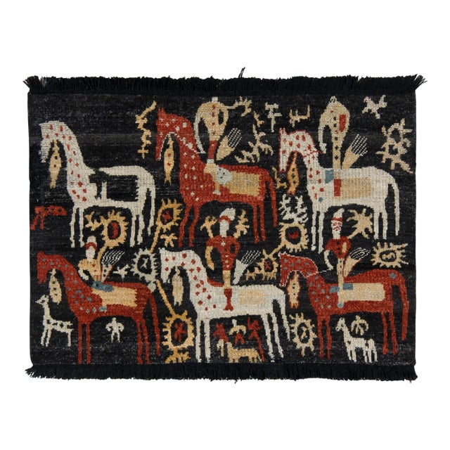 Handknotted Horse and Hunter Rug in Black, 3'x4' For Sale