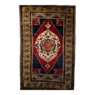 Vintage Turkish Oushak Area Rug, Hand-Knotted Geometric, Navy & Red, 6' x 9' For Sale