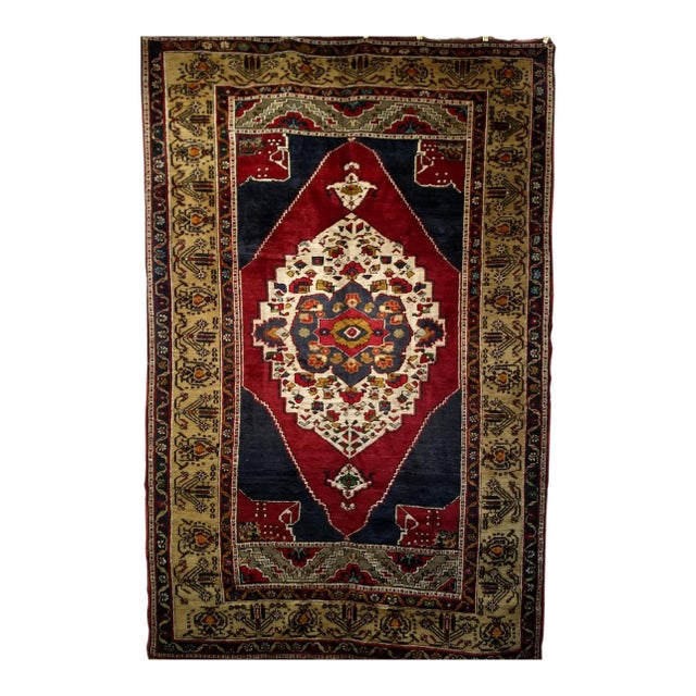 Vintage Turkish Oushak Area Rug, Hand-Knotted Geometric, Navy & Red, 6' x 9' For Sale