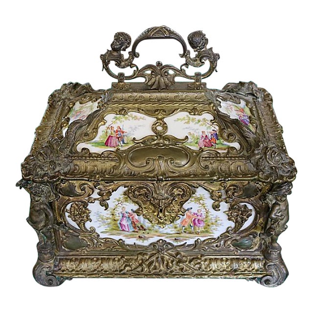 Large 19th Century Bronze & Porcelain Jewelry Casket Box For Sale