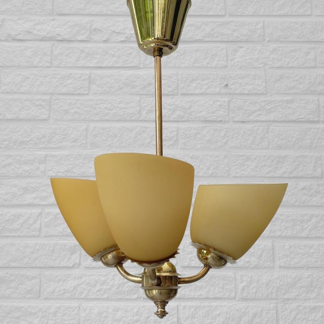 1940s Scandinavian 3-Arm Chandelier in Brass and Yellow Glass, Sweden, 1940s For Sale - Image 5 of 10