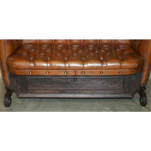 Gold Victorian Brown Leather Carriage Seat Sofa with Royal Armorial Coat of Arms For Sale - Image 8 of 18