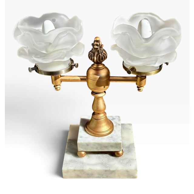 1950s Art Nouveau Style Double Arm Table Lamp With Frosted Floral Shaped Art Glass Shades For Sale - Image 13 of 15
