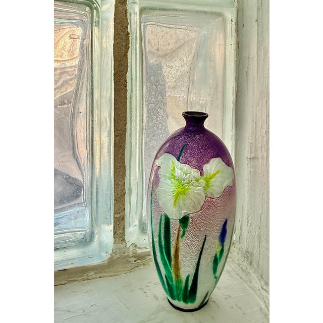 Miniature Antique Japanese Meiji Era Cloisonné Enamel Ginbari Vase in Silver With Irises, Signed For Sale - Image 12 of 12