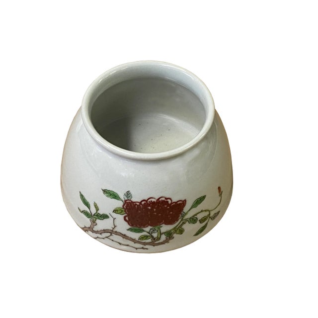 Chinese Chinese Off White Porcelain Red Flower Graphic Display Bowl Container For Sale - Image 3 of 5