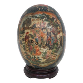 Satsuma Style Hand Painted Porcelain Egg 2pc Including Wood Display Stand 5062b For Sale