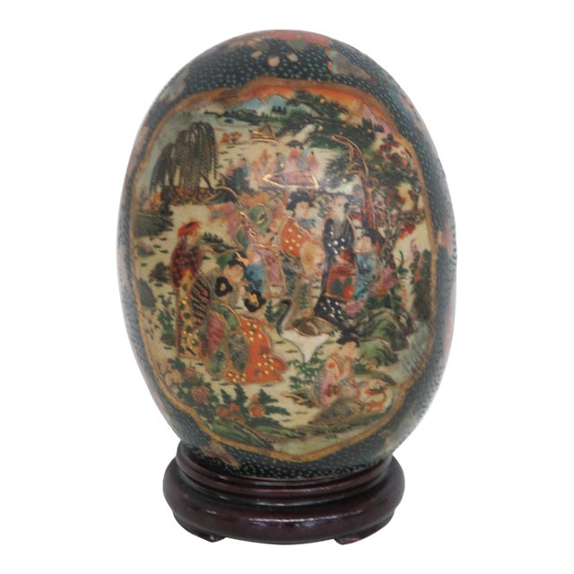 Satsuma Style Hand Painted Porcelain Egg 2pc Including Wood Display Stand 5062b For Sale