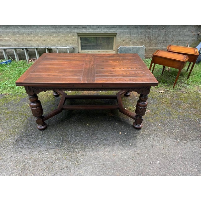 Early 20th Century Antique Jacobean Style Carved Oak Draw Leaf Dining Table For Sale In Washington DC - Image 6 of 16