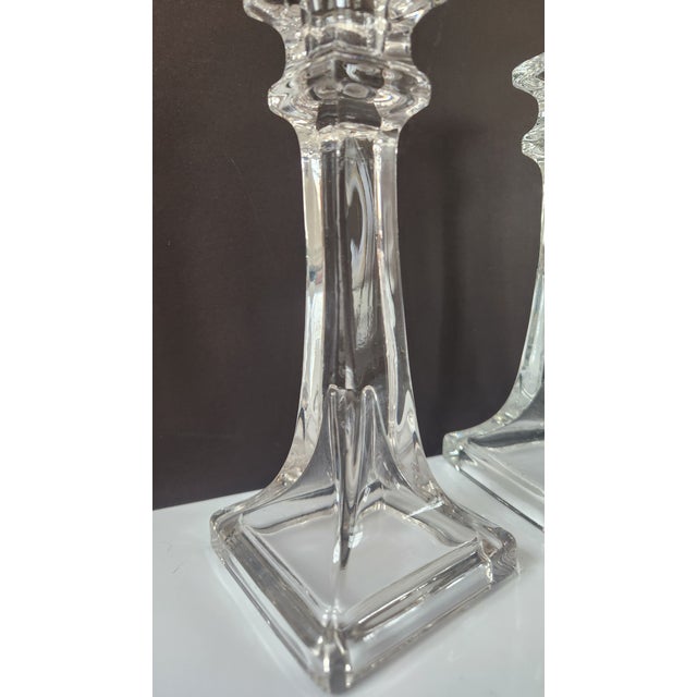Mid-Century Modern 1940s Pair of Mid-Century Art Deco Style Pressed Glass Candlesticks, 7.25” For Sale - Image 3 of 13