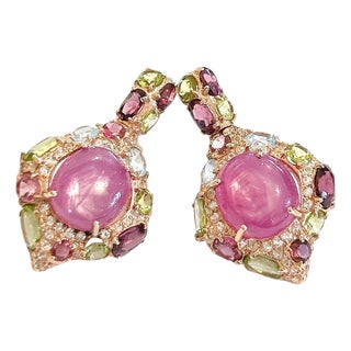 Bochic "Orient" Vintage Pink Ruby & Blue Topaz Earrings - 18K Gold & Silver For Sale