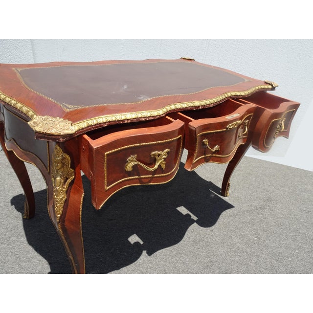 Vintage French Louis XV Bureau Plat Writing Desk Ornate Brass Ormolu Leather Top For Sale - Image 4 of 16