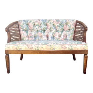 Vintage Mid-Century-Modern MCM Cane Barrel Back Tub Back Tufted Settee - Floral For Sale