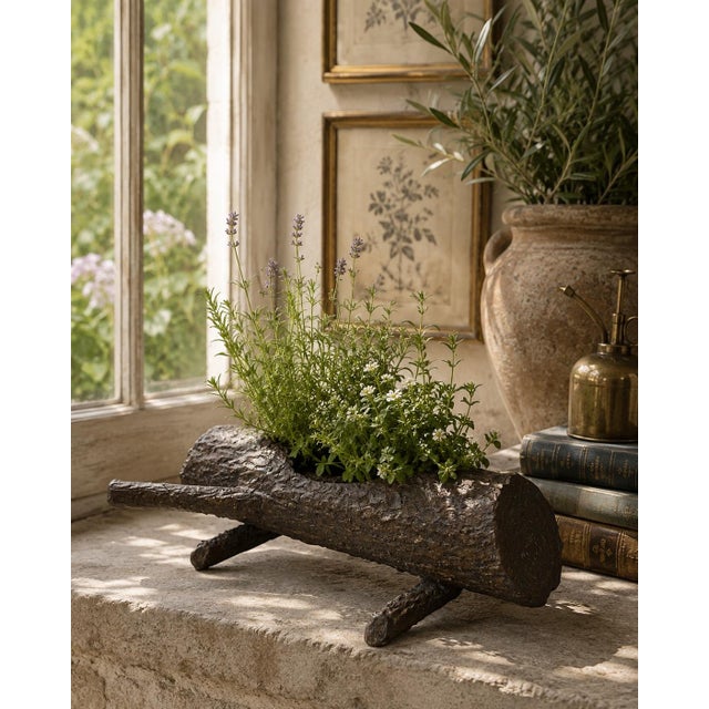 A wonderfully tactile mid-20th-century planter hand cast in iron to resemble a hollow section of fallen timber. The...
