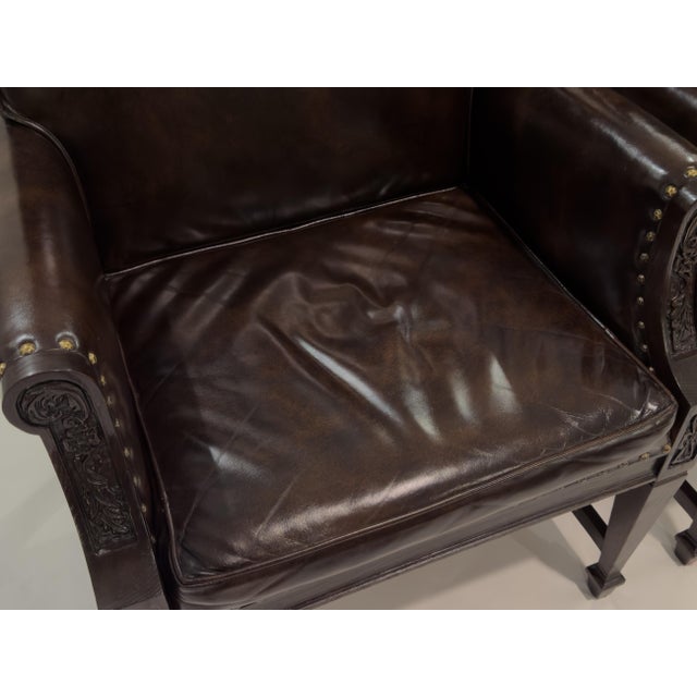 Wood Pair, Hand-Carved Romweber Leather Chairs Made in the Usa For Sale - Image 7 of 10