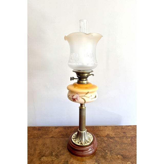 Goldenrod Antique Edwardian Brass Oil Lamp with Glass Shade, 1900s For Sale - Image 8 of 10