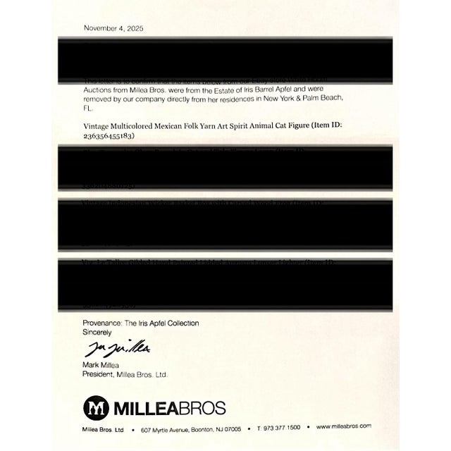 Vintage Iris Apfel Owned Mexican Huichol Folk Art Multicolored Yarn Spirit Animal Cat Figure / Statue / Sculoture For Sale - Image 9 of 9