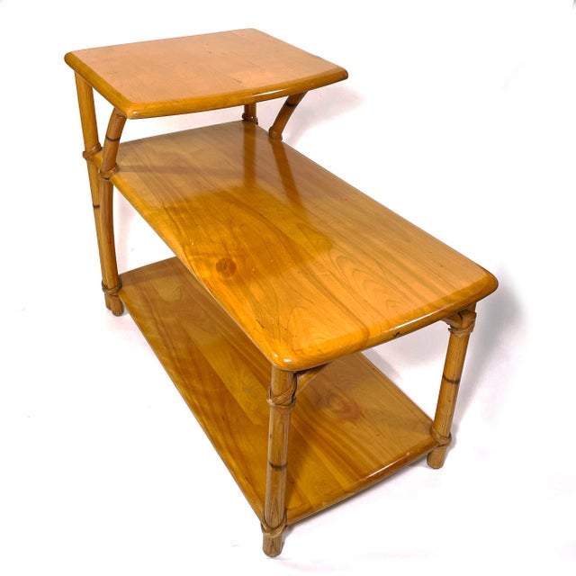 1950s HeywoodWakefield Maple, Bamboo & Rattan Stepped Side Table