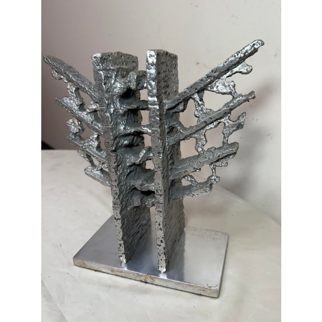 Vintage 91' Chrome Metal Brutalist Statue Sculpture Presentation Award Silver For Sale - Image 11 of 11