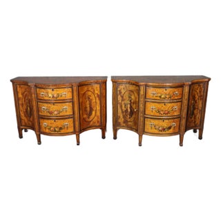 1910s Pair of Fantastic Adams Paint Decorated Satinwood Commodes Buffets For Sale