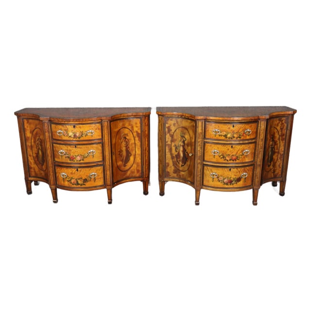 1910s Pair of Fantastic Adams Paint Decorated Satinwood Commodes Buffets For Sale