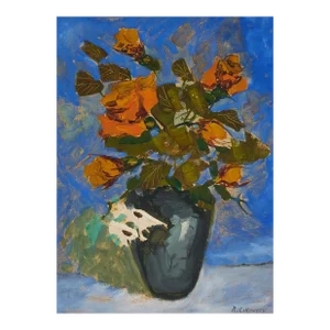 Nicolai Cikovsky, Modernist Floral Oil Painting Roses, Flowers in Vase WPA Artist Nicolai Cikovsky