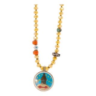 Colorful Nepal Mantra Pendant Yellow Beaded Long Necklace For Sale