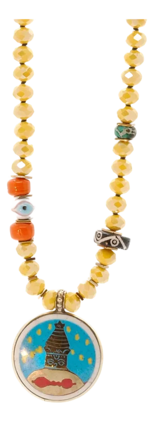 Colorful Nepal Mantra Pendant Yellow Beaded Long Necklace