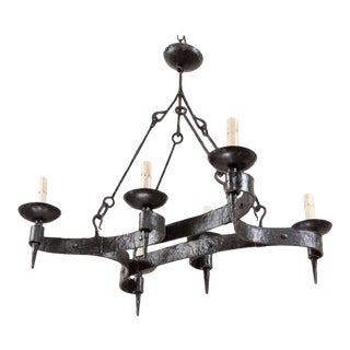 Mid 20th Century French Black Iron Chandelier For Sale