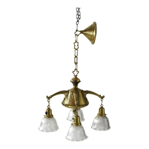 Antique Arts & Crafts Hammered Brass Chandelier with Glass Shades C1920