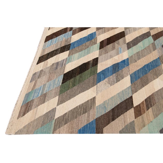 Contemporary Kilim Flatweave Multicolor Geometric Abstract Wool Rug For Sale - Image 4 of 9