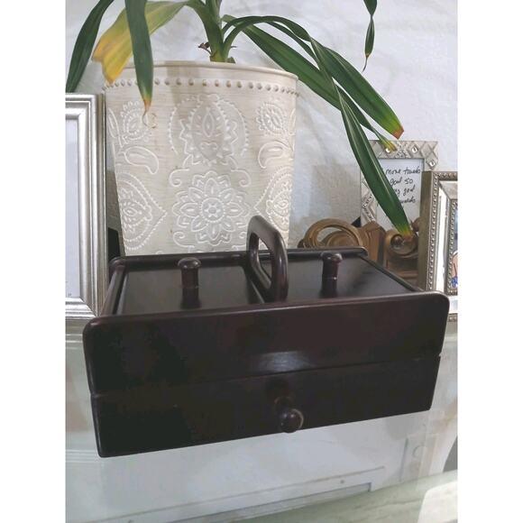 The Bombay Company Wood Sewing Box Jewelry Organizer Desk Drawer Top Handle Vintage For Sale - Image 10 of 16