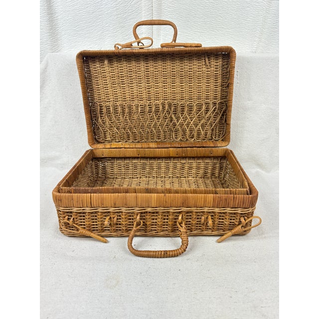 Vintage MCM Rattan Bamboo Suitcase Style Picnic Basket For Sale - Image 4 of 9