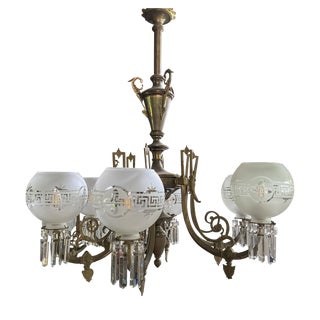Vintage Archer Pancoast Six Arm Brass Gas Chandelier For Sale