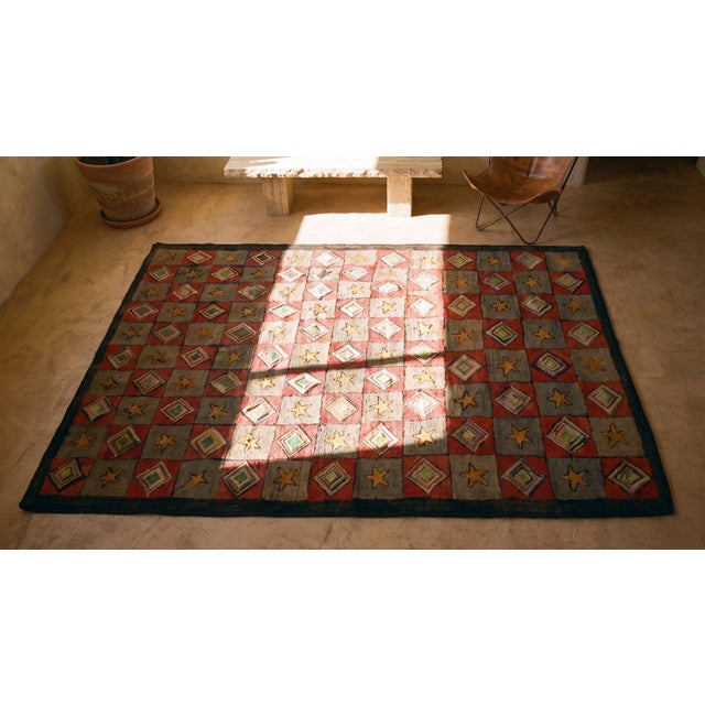 1920s Gray Red Geometric Folk Art Antique American Hooked Rug 6'8" X 7'5" Hand Knotted Wool Carpet For Sale - Image 17 of 18
