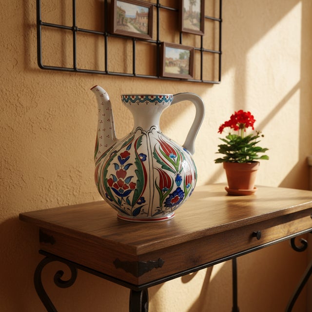 Red Handmade Ceramic Ewer (20cm) – Red Tulips & Floral Panels – Traditional Ibrik Form For Sale - Image 8 of 11