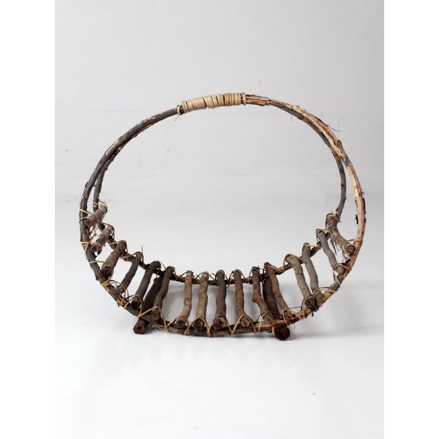 Wood Vintage Rustic Twig Basket With Arched Handle For Sale - Image 7 of 18