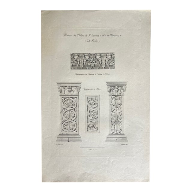 Etching Reproduction of French Cloister Pilaster by Nicolas Xavier Willemin (1839) For Sale