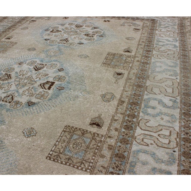 1930s Vintage Persian Tabriz Rug With Three Medallions in Muted Earth Tones and Light Blue For Sale - Image 5 of 10