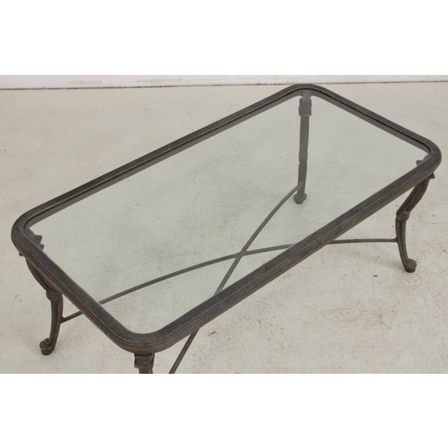 Traditional Outdoor Cast Aluminum Glass Top Patio Cocktail Table For Sale - Image 3 of 14