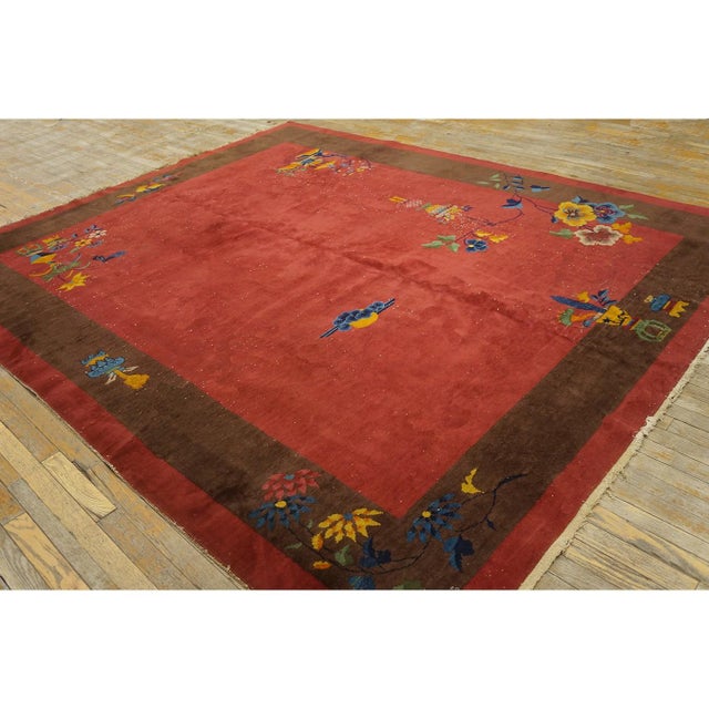 1920s Red Burgundy Floral Open Field Antique Chinese Art Deco Wool Rug 8' X 9'9" For Sale In New York - Image 6 of 9