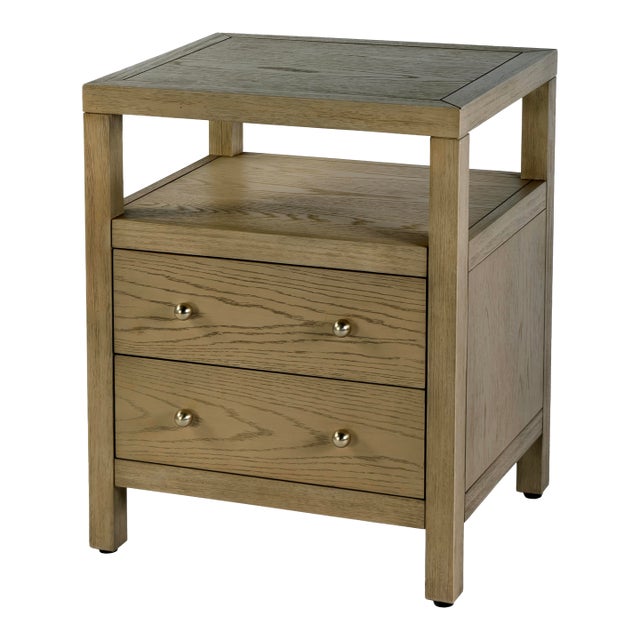 Nora 21 in. W Rectangular Wood 2 Drawer Nightstand with Open Shelf, Light Oak For Sale