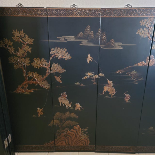 Vintage Chinese Set of 6-Panel Wall Hanging Hand-Painted Landscape With Still Life For Sale - Image 4 of 12