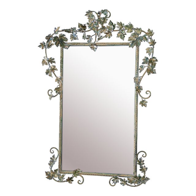 Hand-Painted Metal Wall Mirror with Vine Leaf Motives For Sale