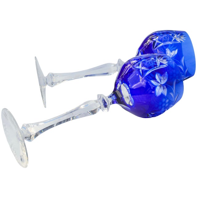 Mid 20th Century Mid 20th Century Blue Handblown Cut-to-Clear Crystal Stems- Set of 2 For Sale - Image 5 of 6
