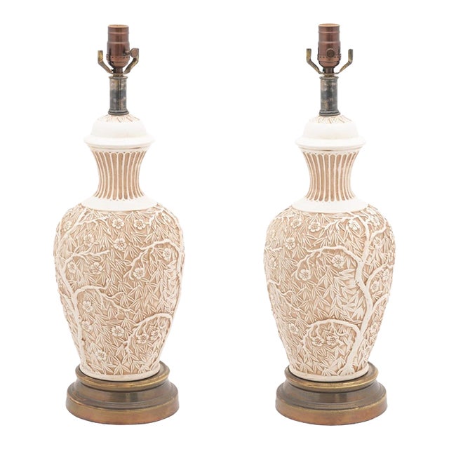 Pair of 1960s Italian Cream Bristolia Ceramic Relief Table Lamps For Sale