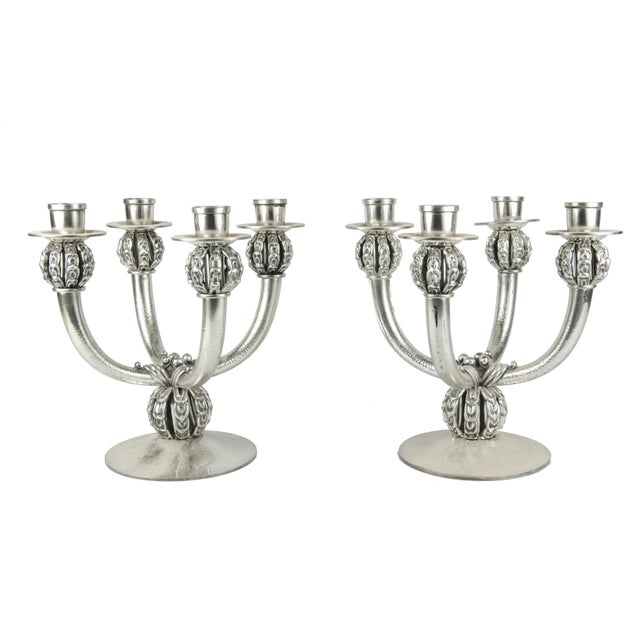 Pair of 1920s Art Déco polished silvered bronze 4-Arms candelabras, France By: unknown Material: bronze, copper, tin,...