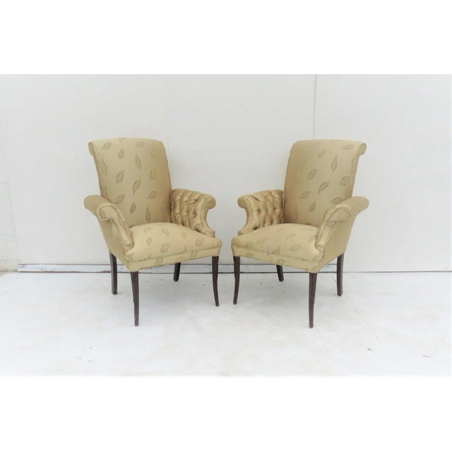 1940's French Style Tufed Fireside Chairs with mahogany carved legs , upholstery with gold leaf pattern silk. Seat height...