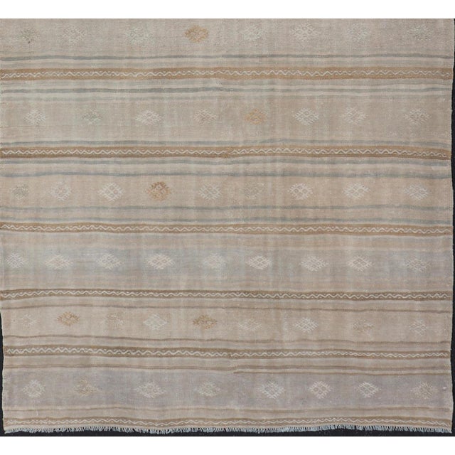 Tribal Turkish Flat-Weave Embroideries Kilim in Tan, Taupe, Brown and a Soft Blue For Sale - Image 3 of 12