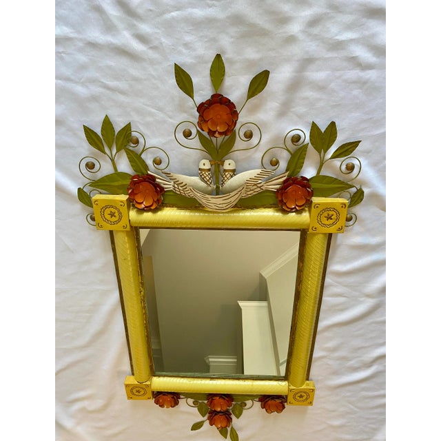 1960s Vintage Tole Painted Metal Floral and Birds Mirror 1960’s For Sale - Image 5 of 12