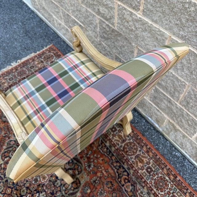 Vintage Southwood Furniture French Neoclassical Lounge Chair in Distressed Beige With Carved Acanthus Leaves For Sale - Image 9 of 16